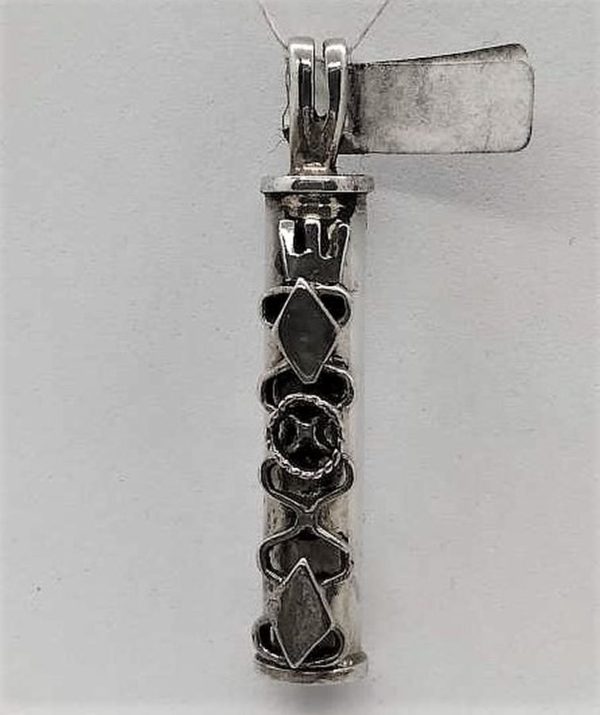Handmade sterling silver Mezuzah pendant geometric designs by S. Ghatan(Katan) with Yemenite filigree. Dimension 0.8 cm X 0.6 cm X 3 cm approximately.