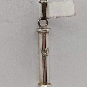 Handmade sterling silver round silver Mezuzah pendant by S. Ghatan(Katan) miniature size. Dimension diameter 0.4 cm X 2.1 cm approximately.
