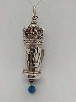 Handmade sterling silver Mezuzah pendant Turquoise bead hanging with Yemenite filigree design. Dimension diameter 1.1 cm X 0.6 cm X 3.6 cm approximately.