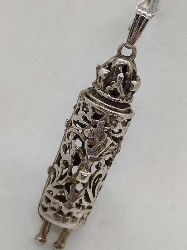 Handmade sterling silver Torah scroll pendant Torah scroll shape with Shin. Dimension 1.1 cm X 0.95 cm X 4.1 cm approximately.