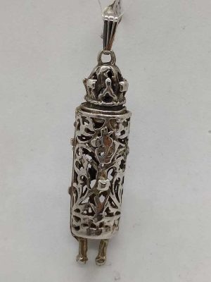 Handmade sterling silver Torah scroll pendant Torah scroll shape with Shin. Dimension 1.1 cm X 0.95 cm X 4.1 cm approximately.