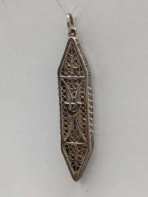 Handmade sterling silver Mezuzah pendant filigree long shape with Yemenite filigree long pendant. Dimension 1.1 cm X 0.4 cm X 4.5 cm approximately.