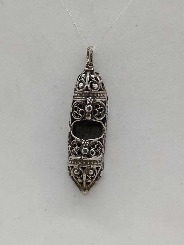 Sterling silver Mezuzah pendant filigree wide handmade with Yemenite filigree half rounded shape. Dimension 1.2 cm X 0.7 cm X 4 cm approximately.