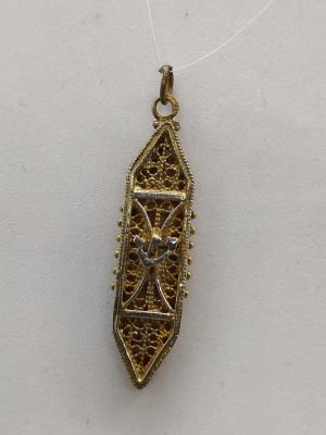 Sterling Silver Mezuzah pendant gold plated handmade with fine  Yemenite filigree gold plated. Dimension 1 cm X 0.4 cm X 3.4 cm approximately.
