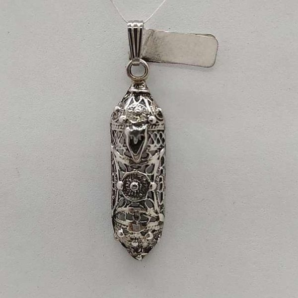 Sterling silver wide Mezuzah pendant filigree handmade with Yemenite filigree. Dimension 1 cm X 0.5 cm X 3.2 cm approximately.
