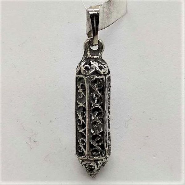 Sterling silver Mezuzah pendant filigree hexagon handmade with Yemenite filigree. Dimension 0.7 cm X 0.7 cm X 2.6 cm approximately.
