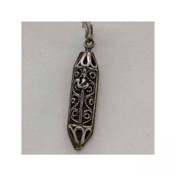 Sterling Silver Mezuza Pendant Oxidized Filigree handmade with Yemenite filigree oxidized silver. Dimension 0.7 cm X 0.4 cm X 2.8 cm approximately.