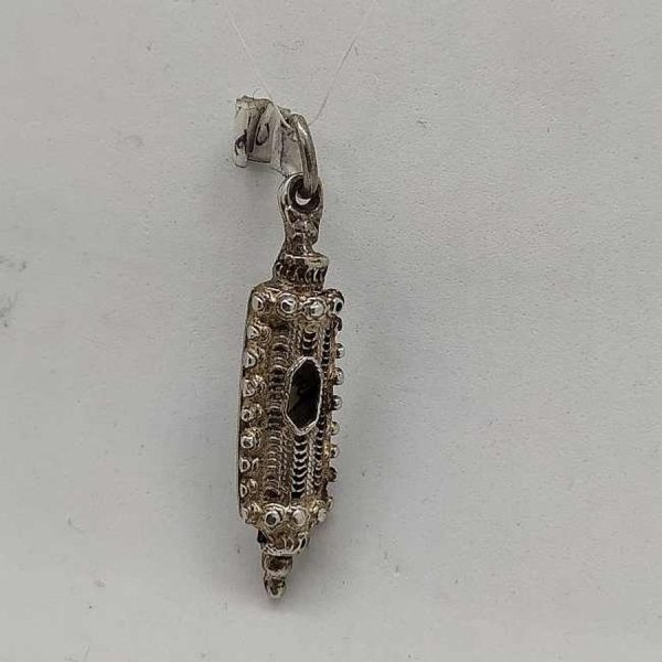 Sterling silver Mezuzah pendant filigree handmade with fine Yemenite filigree. Dimension 0.9 cm X 0.5 cm X 3.1 cm approximately.
