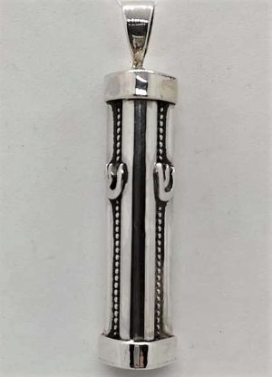 Handmade sterling silver Mezuzah pendant 3 Shins, one on each side of pendant made by S. Ghatan(Katan).Dimension 1.1 cm X 1.05 cm X 4.2 approximately.