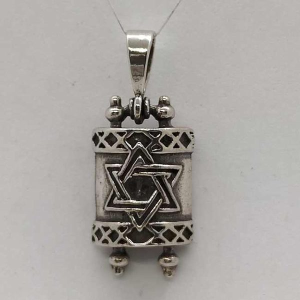 Handmade sterling silver pendant Torah Scroll Ashkenazi version Torah scroll shape with star of David. Dimension 1.4 cm X 0.55 cm X 2.5 cm approximately.