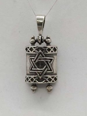 Handmade sterling silver pendant Torah Scroll Ashkenazi version Torah scroll shape with star of David. Dimension 1.4 cm X 0.55 cm X 2.5 cm approximately.
