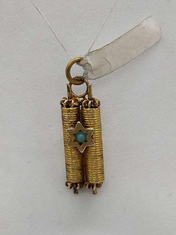Handmade sterling silver gold plated pendant Torah Scroll Turquoise stone set in star of David.  Dimension 0.7 cm X 0.4 cm X 2 cm approximately.