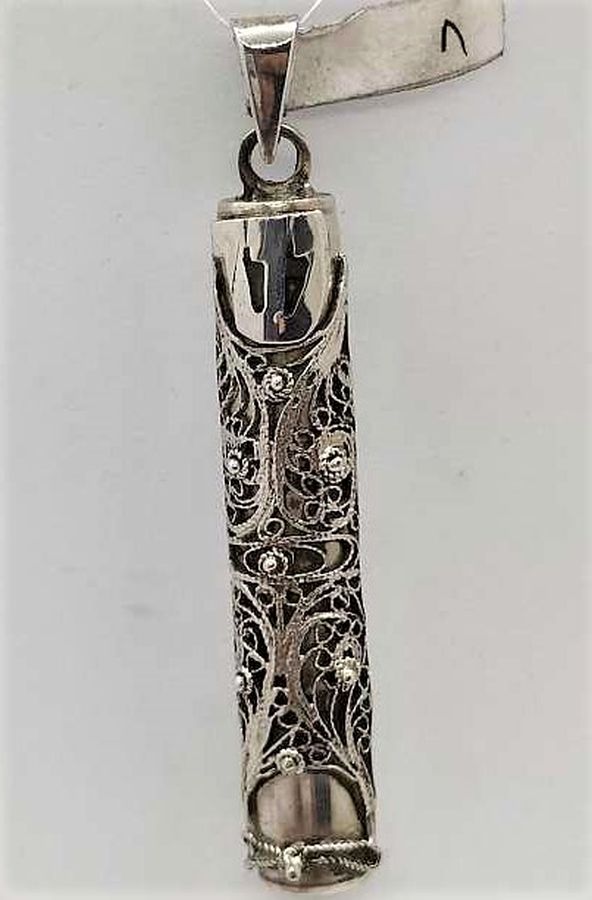 Handmade sterling silver huge filigree Mezuzah pendant by S. Ghatan(Katan) with very fine Yemenite filigree design diameter 0.85 cm X 4.6 cm approximately.