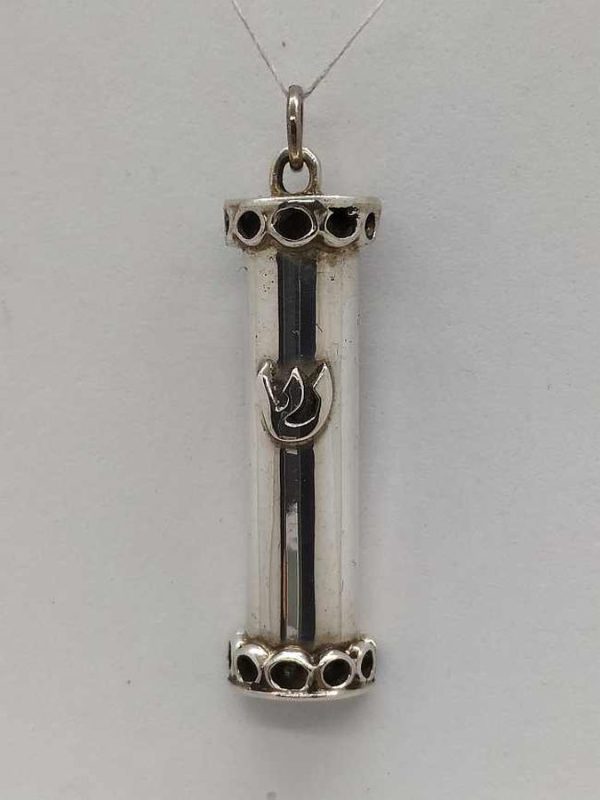 Handmade sterling silver Mezuzah pendant half round by S. Ghatan(Katan) with round loops designs. Dimension 1.1 cm X 0.8 cm X 3.6 cm approximately.
