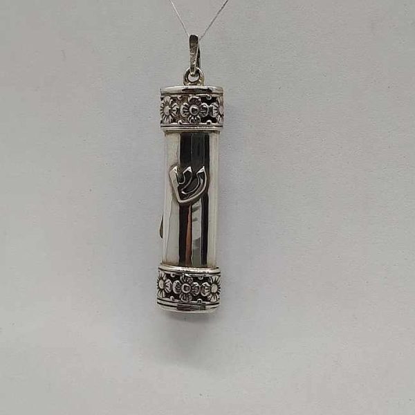 Handmade sterling silver Mezuzah pendant huge ellipse shape by S. Ghatan(Katan) with flowers around top & bottom 1.1 cm X 0.65 cm X 3.9 cm approximately.