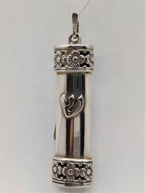 Handmade sterling silver Mezuzah pendant huge ellipse shape by S. Ghatan(Katan) with flowers around top & bottom 1.1 cm X 0.65 cm X 3.9 cm approximately.