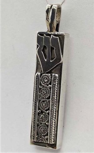 Handmade sterling silver Mezuzah pendant rectangular filigree by S. Ghatan(Katan) with fine Yemenite filigree 0.9 cm X 0.5 cm X 3.4 cm approximately.