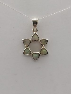 David star heart Opalite pendant set with 6 opalite stones heart shaped fine design. Dimension 1.5 cm X 1.6 cm X 0.3 cm approximately.