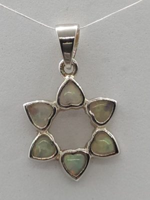 David star heart Opalite pendant set with 6 opalite stones heart shaped fine design. Dimension 1.5 cm X 1.6 cm X 0.3 cm approximately.