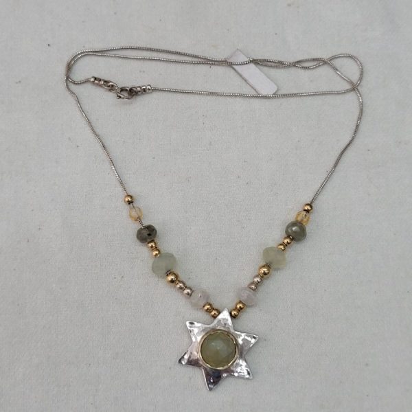 Hand hammered Magen David Star Necklace  sterling silver and 14 carat gold set with Agate stones & 2 citron Topaz stones chain length 44 cm.