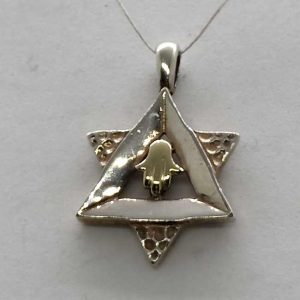 Modern style MagenDavid star gold Hamsa pendant combined gold and sterling silver. Dimension 1.5 cm X 1.8 cm X 0.2 cm approximately.