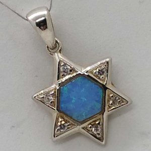 Handmade sterling silver  pendant David star with hexagon  Opalite in center and set with 6 white zircon stones 1.75 cm X 2 cm X 0.3 cm.