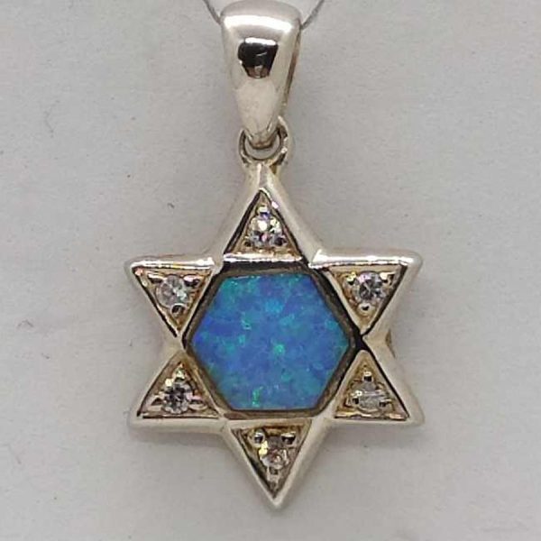 Handmade sterling silver  pendant David star with hexagon  Opalite in center and set with 6 white zircon stones 1.75 cm X 2 cm X 0.3 cm.