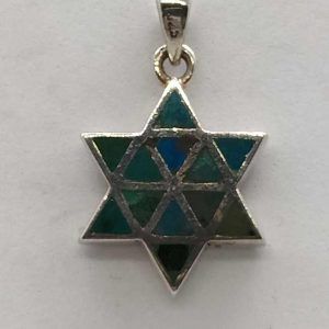 Handmade sterling silver David Star Elat stone Pendant   set with 12 Elat stones triangles shaped in. Dimension 1.65 cm X 2 cm X 0.34 cm.