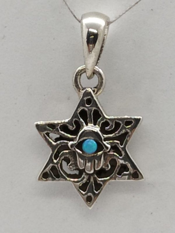The mini sterling silver David star mini hamsa is set with opalite stone. Dimension 1.3 cm X 1.42 cm X 0.2 cm approximately.