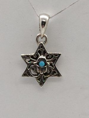 The mini sterling silver David star mini hamsa is set with opalite stone. Dimension 1.3 cm X 1.42 cm X 0.2 cm approximately.