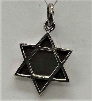 Sterling silver Magen David star classic smooth traditional heavy masculine style. Dimension 1.6 cm X 1.9 cm X 0.23 cm approximately.
