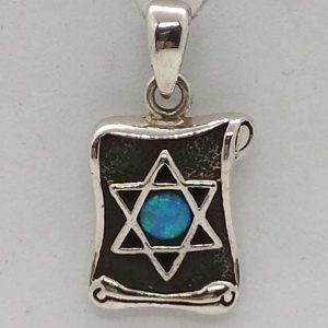 Sterling Silver Magen David Star Pendant Parchment shape set with Opalite stone in center of star. Dimension 1.3 cm X 1.6 cm X 0.3 cm.