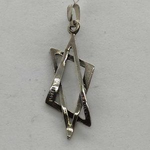 Silver MagenDavid 2 triangles, one triangle smooth and one with filling traces. Dimension 1.35 cm X 3 cm X 0.16 cm approximately.