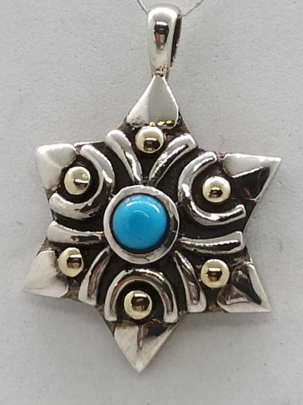 Magen David Star Turquoise pendant contemporary design with Turquoise stone & 14 carat gold 6 dots. Dimension 1.9 cm X 2.2 cm X 0.55 cm.