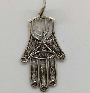 Handmade sterling silver Hamsa Chamsa pendant filigree Menorah and fine Yemenite filigree design. Dimension 2 cm X 3.5 cm X 0.1 cm approximately.