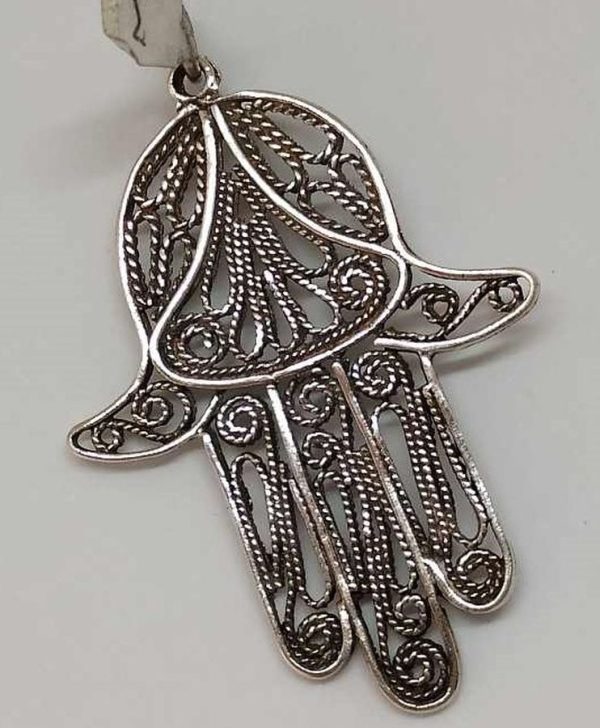 Handmade sterling silver Chamsa Hamsa pendant filigree huge size fine Yemenite filigree. Dimension 4.8 cm X 3.7 cm X 0.15 cm approximately.