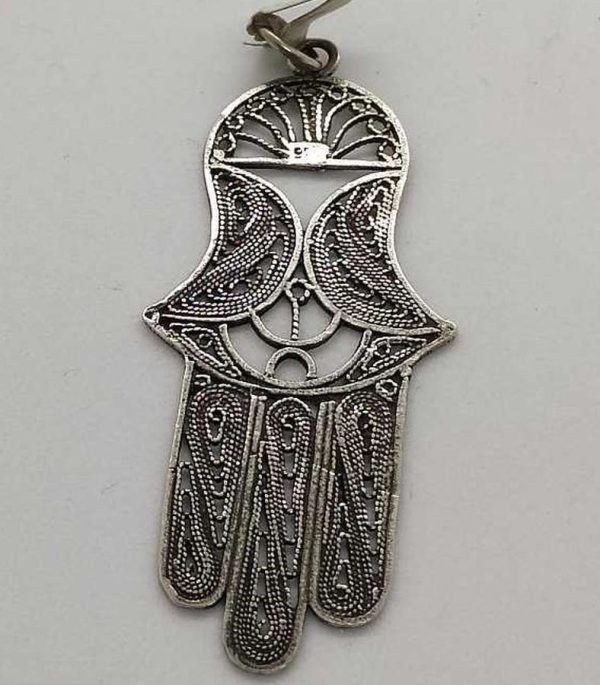 Handmade sterling silver Hamsa Chamsa pendant filigree long shape with fine Yemenite filigree. Dimension 4.5 cm X 2.1 cm X 0.1 cm approximately.