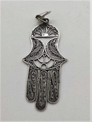 Handmade sterling silver Hamsa Chamsa pendant filigree long shape with fine Yemenite filigree. Dimension 4.5 cm X 2.1 cm X 0.1 cm approximately.