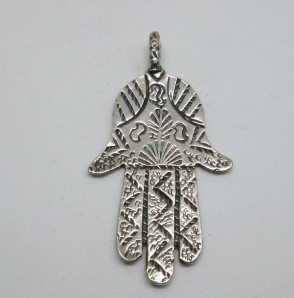 Handmade sterling silver Hamsa Chamsa pendant engravings designs on pendant. Dimension 2.3 cm X 3.6 cm X 0.1 cm approximately.