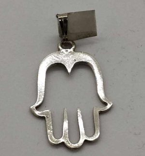 Handmade sterling silver Hamsa Chamsa pendant cut out smooth silver design. Dimension 1.8 cm X 2.6 cm X 0.1 cm approximately.