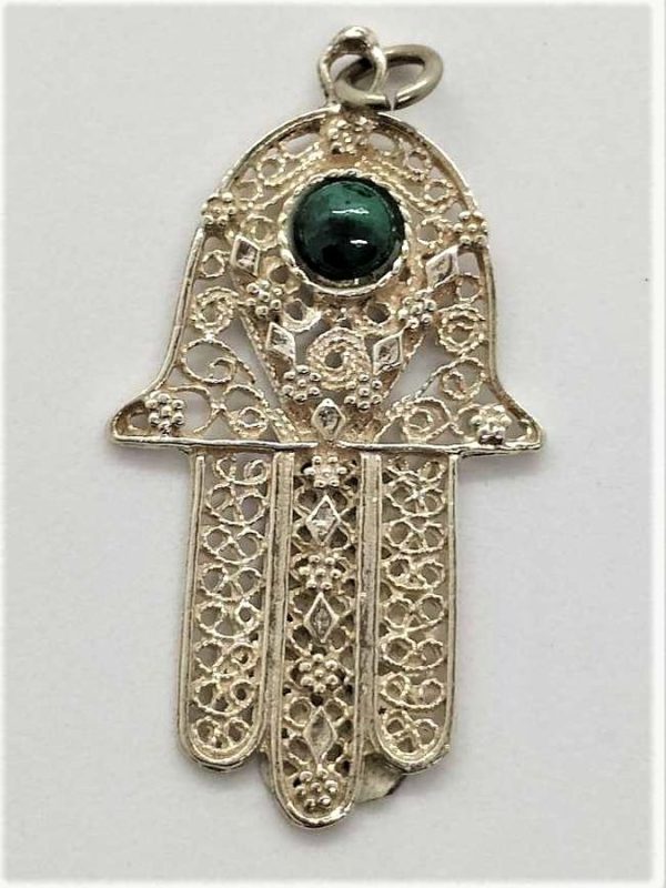 Handmade sterling silver Hamsa pendant filigree Elat stone and fine Yemenite filigree design. Dimension 4.1 cm X 2.4 cm X 0.12 cm approximately.