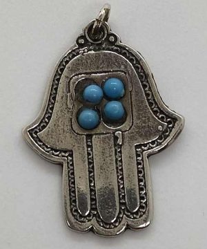 Handmade Hamsa pendant four Turquoise with engravings over massive silver & 4 Turquoise stones 2.4 cm X 3 cm X0.2 cm approximately.