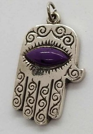 Handmade sterling silver Hamsa Chamsa pendant purple eye set with purple synthetic stone eye shape heavy silver 2.1 cm X 3 cm X 0.3 cm approximately.