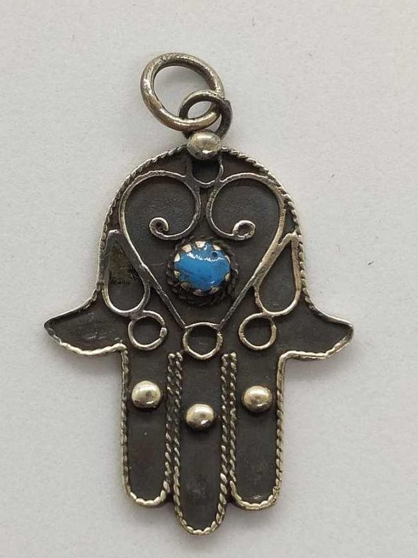 Handmade sterling silver Hamsa Chamsa pendant filigree Turquoise with Yemenite filigree designs set with 1 Turquoise 2 9 cm X 2.3 cm X 0.15 cm.