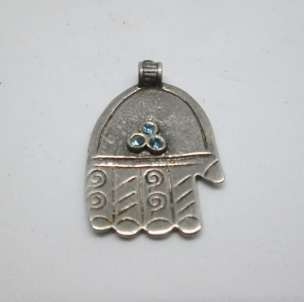 Handmade Chamsa Hamsa pendant blue crystals stones with engravings designs set with 3 blue crystal stones 1.85 cm X 2.4 cm X 0.15 cm approximately