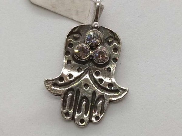 Handmade Hamsa Chamsa pendant three crystals with engravings designs set with 3 white crystal stones. Dimension 1.7 cm X 2.1 cm X 0.1 cm approximately.