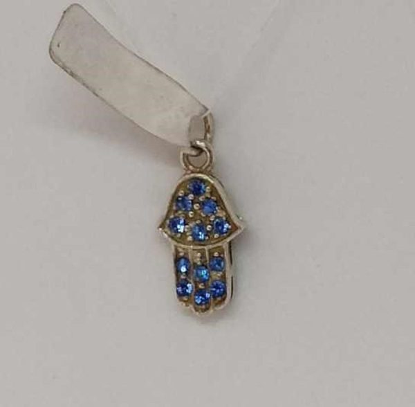 Handmade sterling silver Hamsa pendant blue crystals set with 12 blue crystal stones. Dimension 0.85cm X 1.3 cm X0.2 cm approximately.