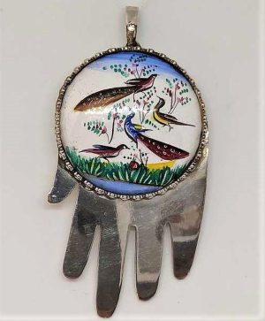 Handmade Hamsa Chamsa pendant birds hand painted enamel with birds set in pendant. Dimension 3.5 cm X 6 cm X 0.1 cm approximately.