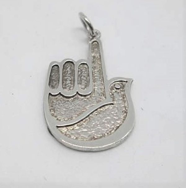 Handmade sterling silver Hamsa Chamsa pendant dove shape peace symbol solid design. Dimension 1.4 cm X 2.1 cm X 0.1 cm approximately.