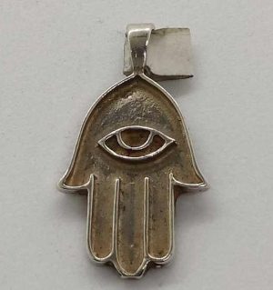 Handmade sterling silver Hamsa Chamsa pendant eye shape against evil in center. Dimension 1.6 cm X 2.3 cm X 0.5 cm approximately.